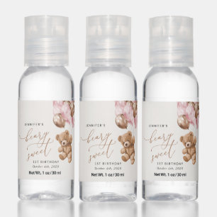 Teddy Bear, Pink Balloons, First Birthday Hand Sanitizer