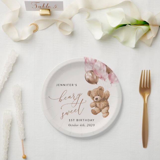 Teddy Bear, Pink Balloons, First Birthday Paper Plates (Wedding)