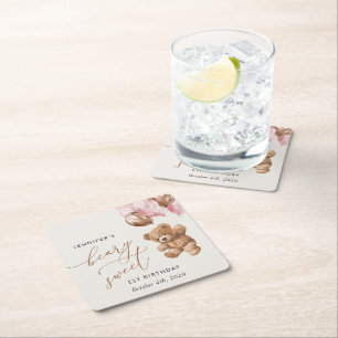 Teddy Bear, Pink Balloons, First Birthday Square Paper Coaster