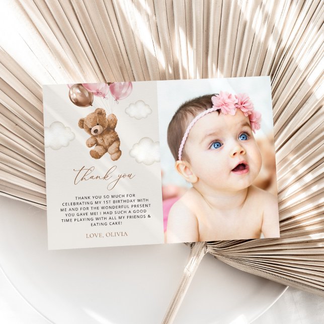 Teddy Bear, Pink Balloons, First Birthday Thank You Card (Creator Uploaded)
