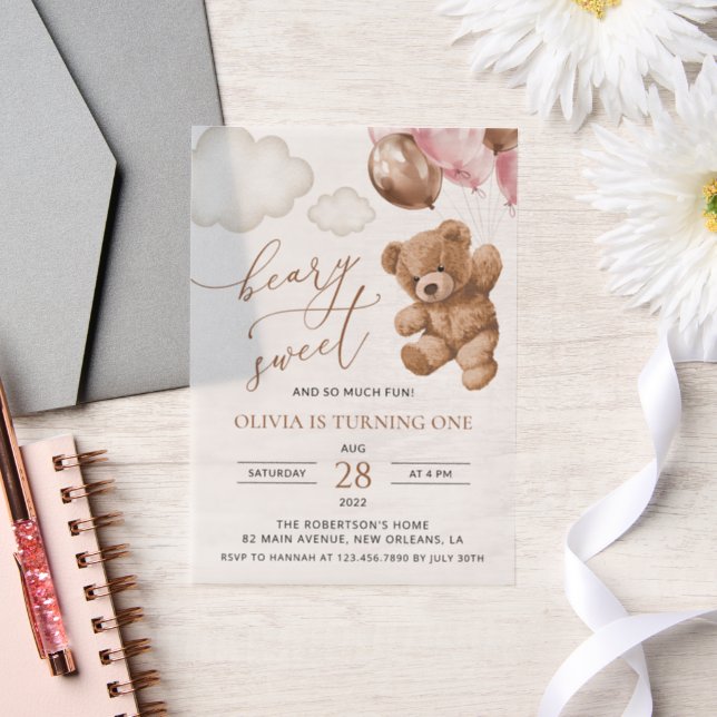 Teddy Bear, Pink Balloons, First Birthday Vellum Invitations (Wedding)