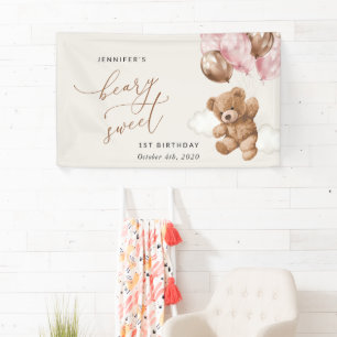 Teddy Bear, Pink Balloons, First Birthday Welcome Banner