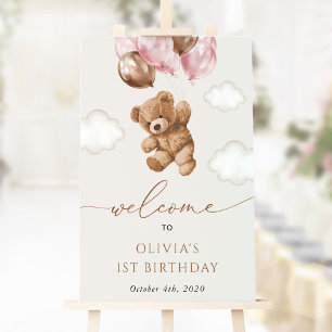 Teddy Bear, Pink Balloons, First Birthday Welcome Foam Board
