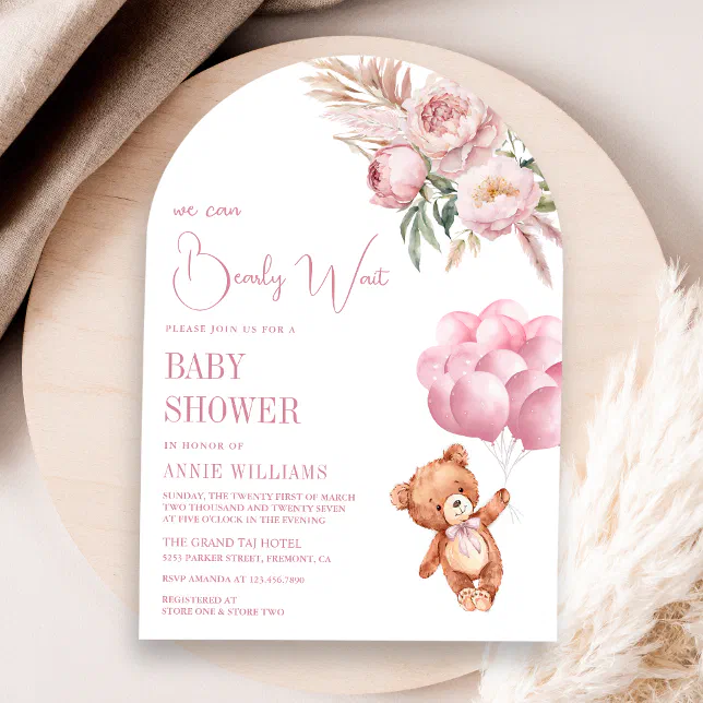 Teddy Bear Pink Balloons Floral Arch Baby Shower Invitation | Zazzle