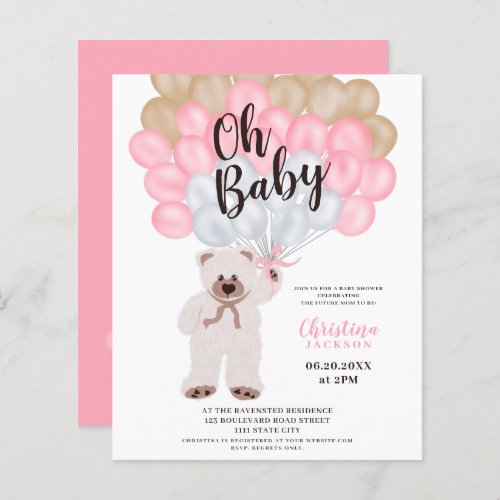 Teddy bear pink balloons girl baby shower budget
