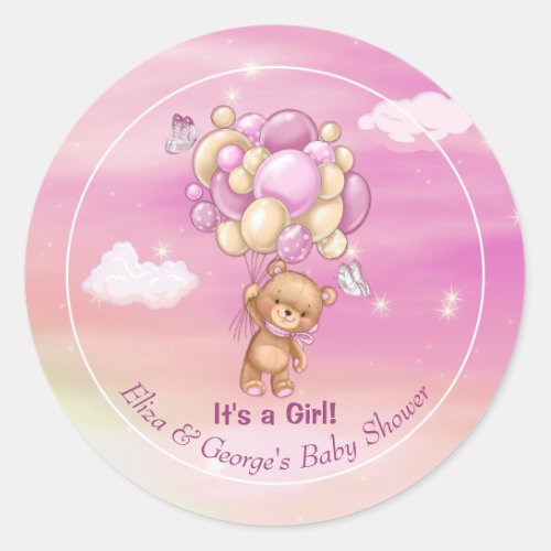 Teddy Bear Pink Balloons Girl Baby Shower Classic Round Sticker