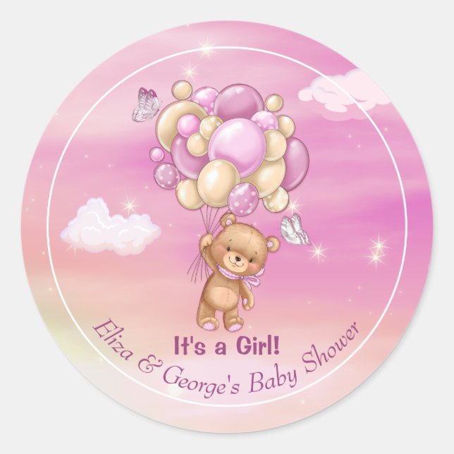 Teddy Bear Pink Balloons Girl Baby Shower Classic Round Sticker (Front)