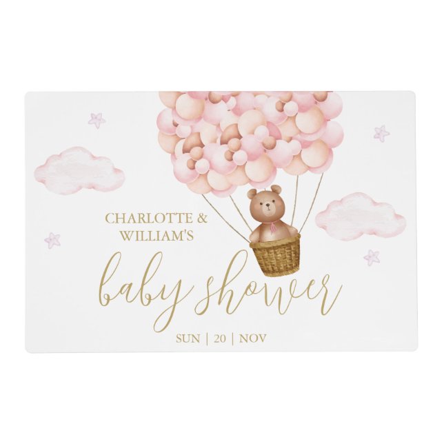 Teddy Bear Pink Balloons Girl Baby Shower Placemat (Front)