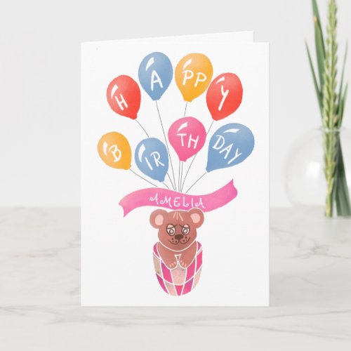 Teddy Bear Pink Balloons Girl Happy Birthday Card