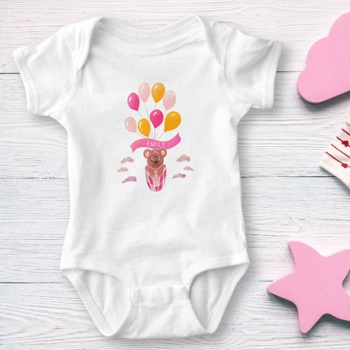 Teddy Bear Pink Balloons Girl Name  Baby Bodysuit