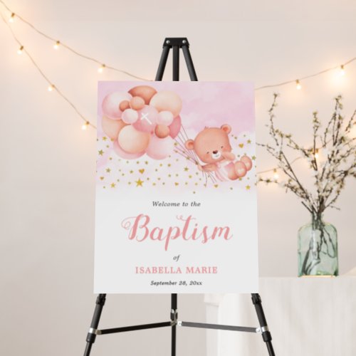 Teddy Bear Pink Balloons Gold Baptism Welcome Sign