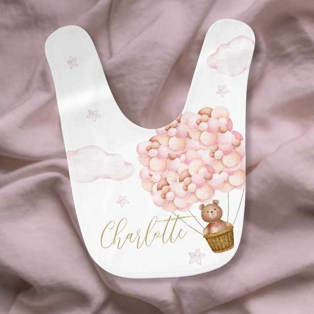 Teddy Bear Pink Balloons Gold Script Baby Bib (Teddy Bear Pink Balloons Gold Script Baby Bib)