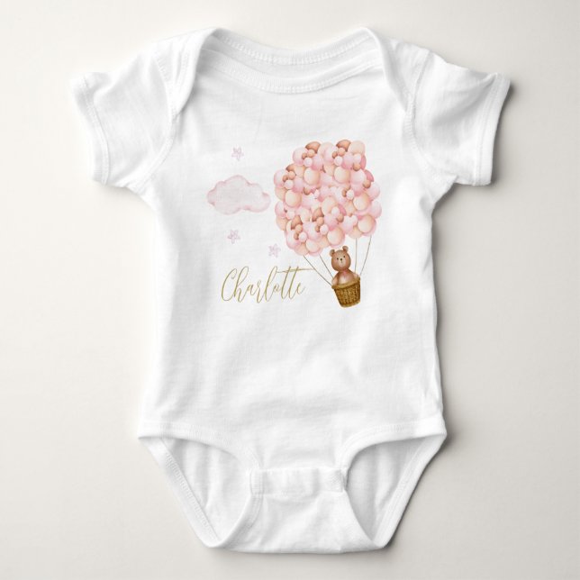 Teddy Bear Pink Balloons Gold Script Baby Bodysuit (Front)