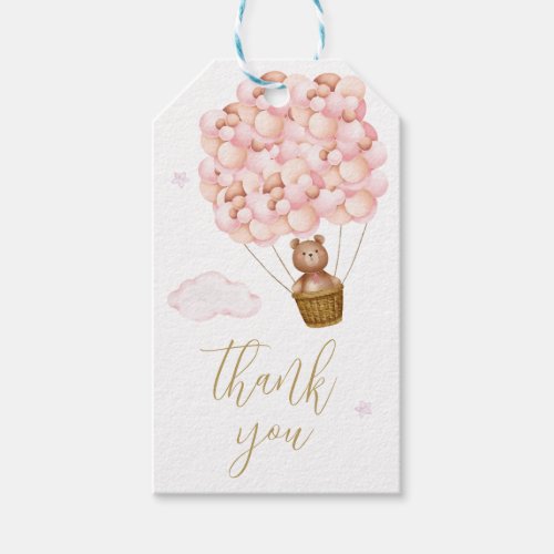 Teddy Bear Pink Balloons Gold Script Thank You Gift Tags