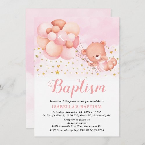 Teddy Bear Pink Balloons Gold Stars Baptism Invitation