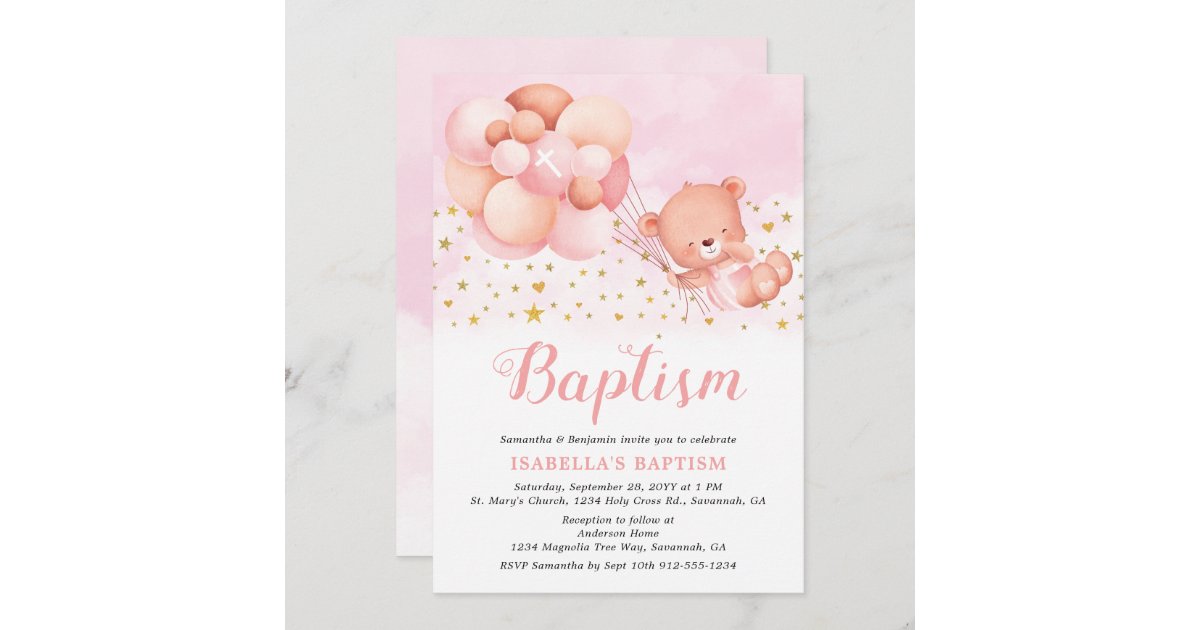 Teddy Bear Pink Balloons Gold Stars Baptism Invitation