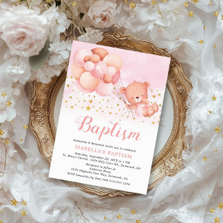 Teddy Bear Pink Balloons Gold Stars Baptism Invitation
