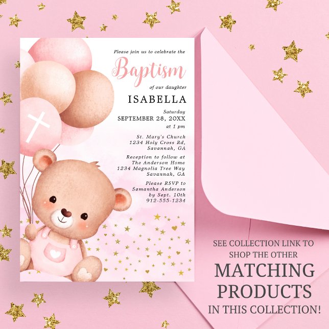 Teddy Bear Pink Balloons Gold Stars Baptism Invitation (Creator Uploaded)