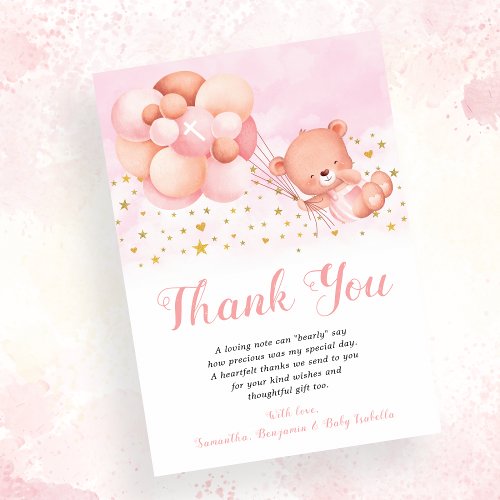 Teddy Bear Pink Balloons Gold Stars Baptism Thank You Card