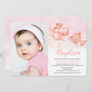 Teddy Bear Pink Balloons Gold Stars Photo Baptism Invitation