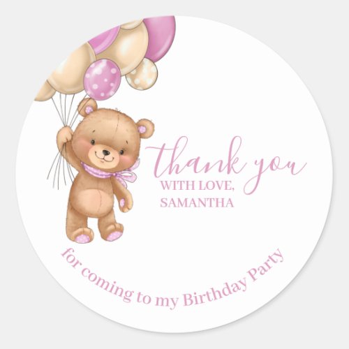 Teddy Bear PINK Balloons Happy Birthday Thank You  Classic Round Sticker