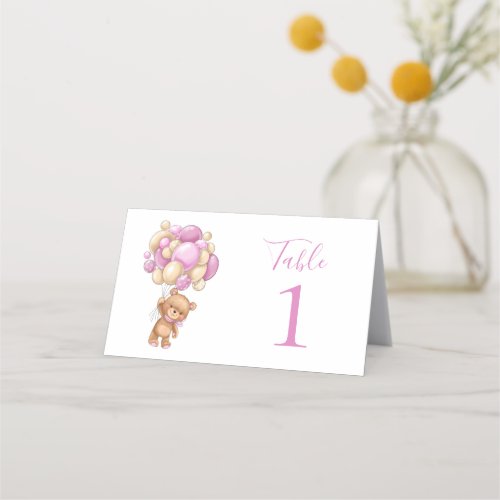 Teddy Bear Pink Balloons  Party Place Card