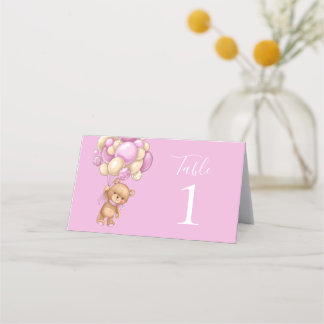 Teddy Bear Pink Balloons Place Card