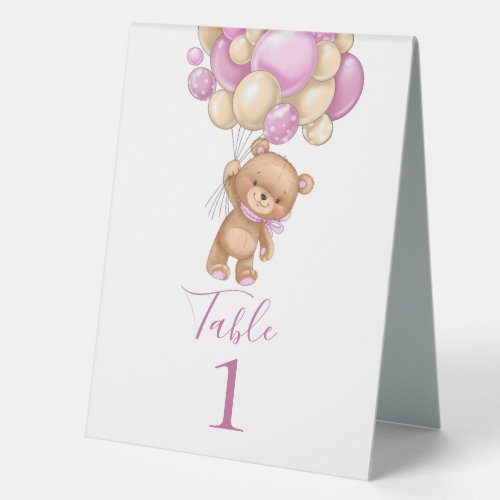 Teddy Bear Pink Balloons Table Tent Sign