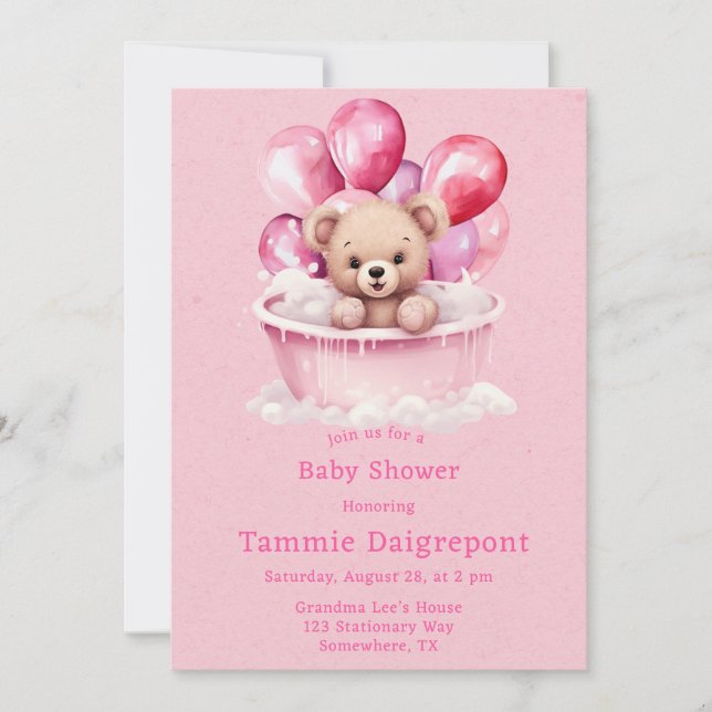 Teddy Bear Pink Bathtub Balloons Girl Baby Shower Invitation (Front)