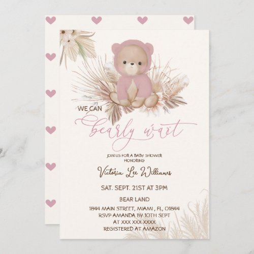 Teddy Bear Pink Bearly Wait Girl Baby Shower  Invitation