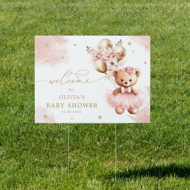 Teddy Bear Pink Beary Cute Baby Shower Welcome Sign (Insitu)