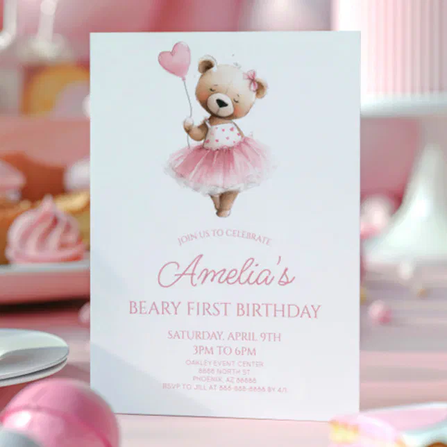 Teddy Bear Pink Beary First 1st Birthday Party Invitation | Zazzle