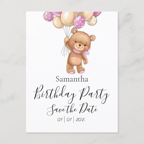 Teddy Bear Pink Birthday Party Save the Date   Postcard