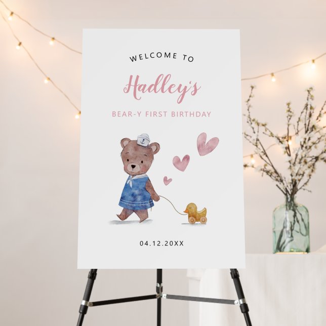Teddy Bear Pink Birthday Party Welcome Sign (In Situ (Stand))