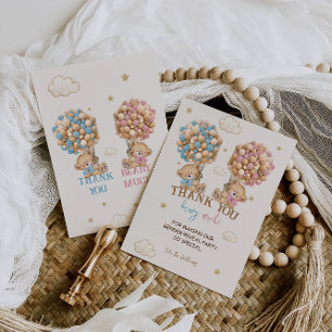 Teddy Bear Pink Blue Balloons Gender Reveal Thank You Card