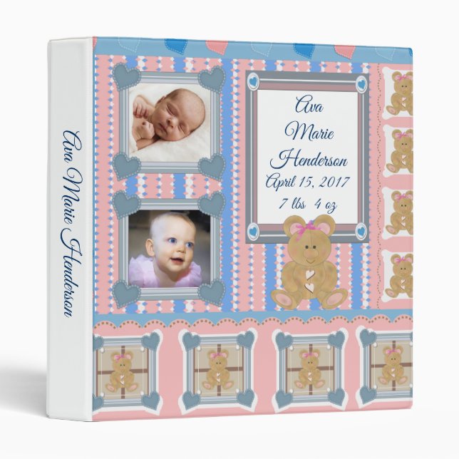 Teddy Bear Pink Blue Girl Baby Photo Album 3 Ring Binder (Front/Spine)