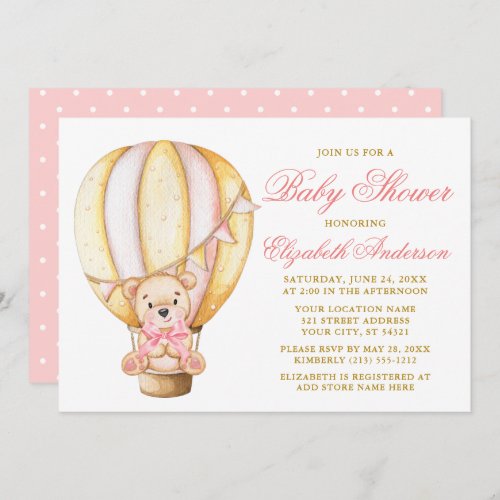 Teddy Bear Pink Bow Air Balloon Dots Baby Shower Invitation