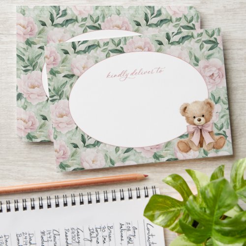 Teddy Bear, Pink Bow, Pink Flowers, Baby Shower Envelope