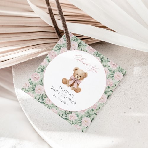 Teddy Bear, Pink Bow, Pink Flowers, Baby Shower Favor Tags