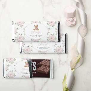 Teddy Bear, Pink Bow, Pink Flowers, Baby Shower Hershey Bar Favors