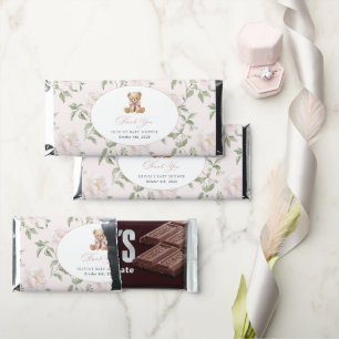 Teddy Bear, Pink Bow, Pink Flowers, Baby Shower Hershey Bar Favors
