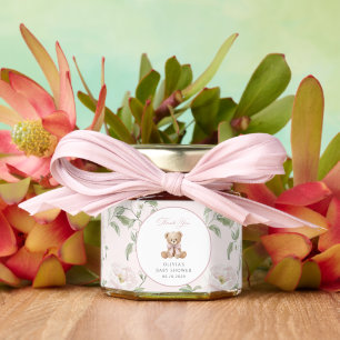 Teddy Bear, Pink Bow, Pink Flowers, Baby Shower Honey Jar Favors