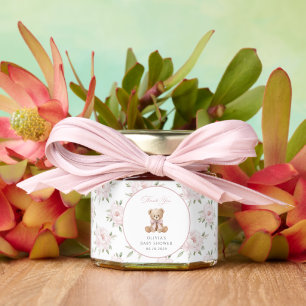 Teddy Bear, Pink Bow, Pink Flowers, Baby Shower Honey Jar Favors