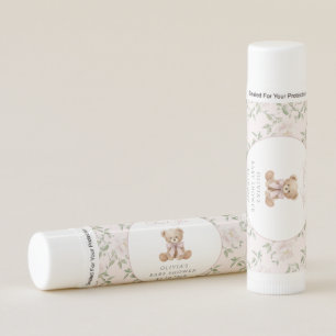 Teddy Bear, Pink Bow, Pink Flowers, Baby Shower Lip Balm