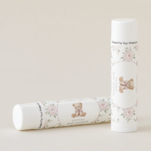 Teddy Bear, Pink Bow, Pink Flowers, Baby Shower Lip Balm