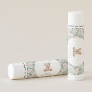 Teddy Bear, Pink Bow, Pink Flowers, Baby Shower Lip Balm