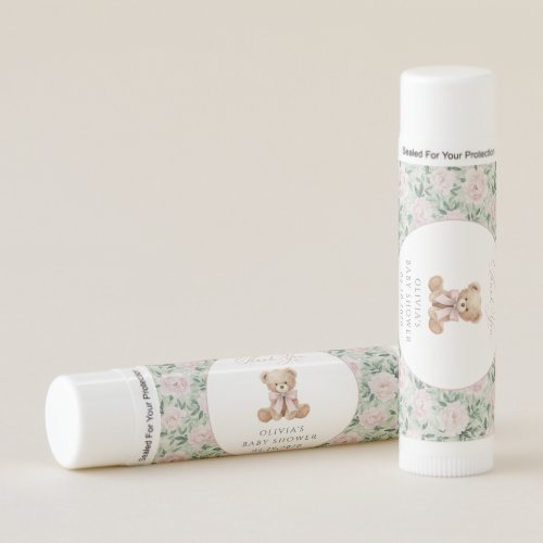 Teddy Bear, Pink Bow, Pink Flowers, Baby Shower Lip Balm