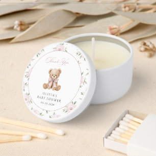 Teddy Bear, Pink Bow, Pink Flowers, Baby Shower Mini Candle Favors