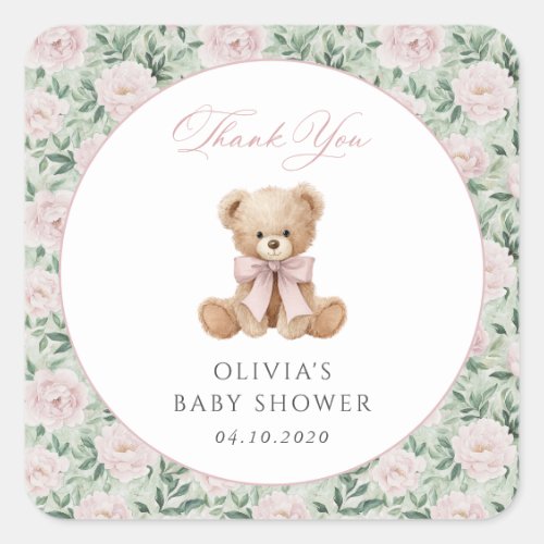 Teddy Bear, Pink Bow, Pink Flowers, Baby Shower Square Sticker