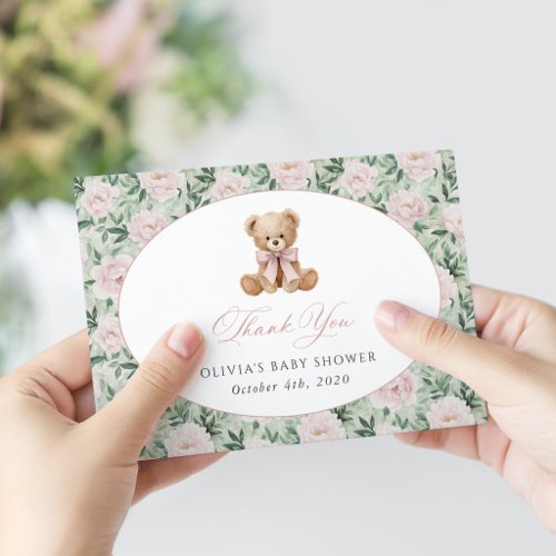 Teddy Bear, Pink Bow, Pink Flowers, Baby Shower Thank You Card